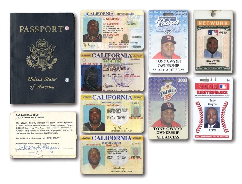 TONY GWYNNS GROUP OF (10) PERSONAL FORMS OF ID INCL. PASSPORT (SIGNED), DRIVERS LICENSES (4), AND PASSES FROM ESPN & MLB (GWYNN COLLECTION)