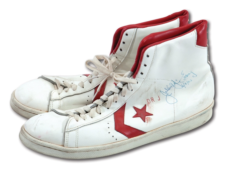 JULIUS “DR. J” ERVING 1982 NBA FINALS GAME WORN (VS. LAKERS), DUAL-SIGNED & DATED “6/8/82” CONVERSE SHOES (HOLLYWOOD AGENT COLLECTION)