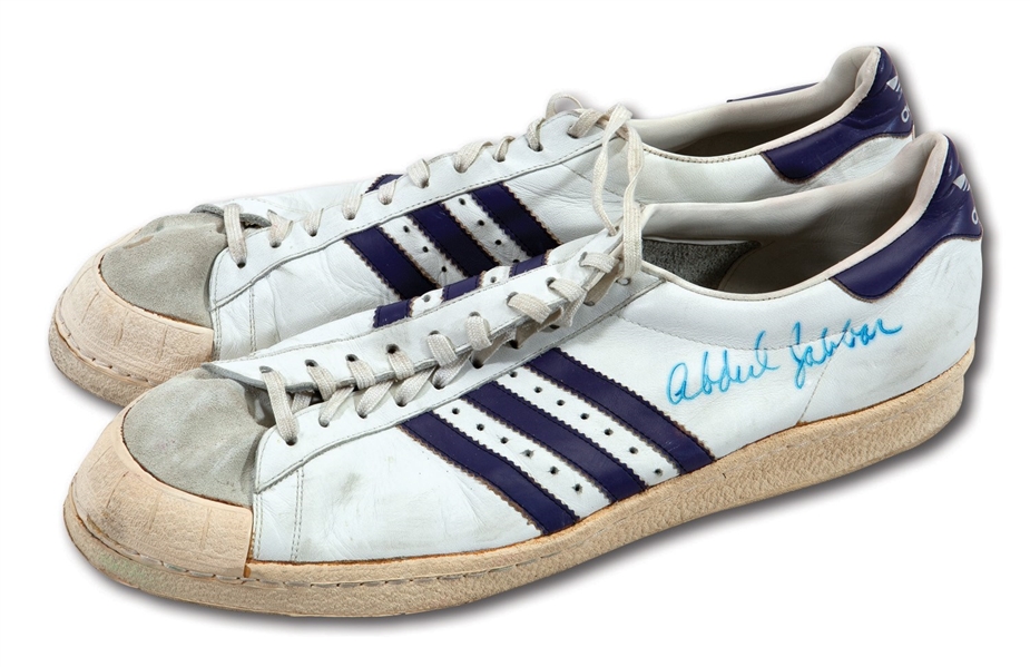 EARLY 1980’S KAREEM ABDUL-JABBAR DUAL-SIGNED PAIR OF ADIDAS GAME WORN SHOES (HOLLYWOOD AGENT COLLECTION)