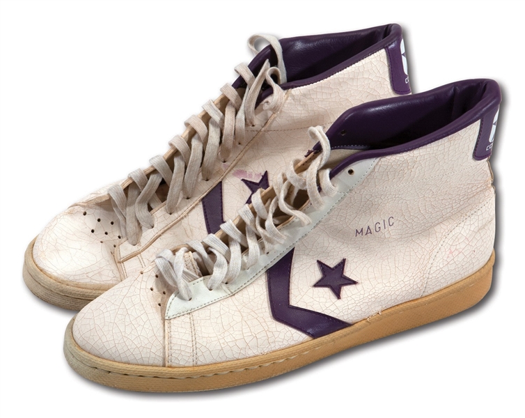C.1980 MAGIC JOHNSON (POSSIBLE ROOKIE YEAR) GAME WORN CONVERSE SHOES WITH EARLY AUTOGRAPH (HOLLYWOOD AGENT COLLECTION)