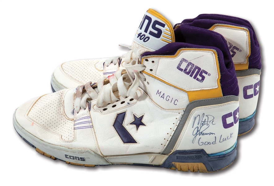 1988-89 MAGIC JOHNSON DUAL-SIGNED PAIR OF (MVP SEASON) GAME WORN CONVERSE ERX-400 SHOES (HOLLYWOOD AGENT COLLECTION)