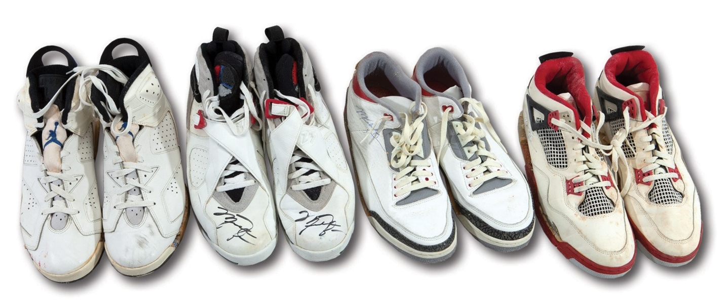 SPECTACULAR GROUP OF (4) DIFFERENT PAIRS OF 1988 THROUGH 1993 MICHAEL JORDAN DUAL-SIGNED NIKE AIR JORDAN GAME WORN SHOES WITH DETERIORATED SOLES (HOLLYWOOD AGENT COLLECTION)