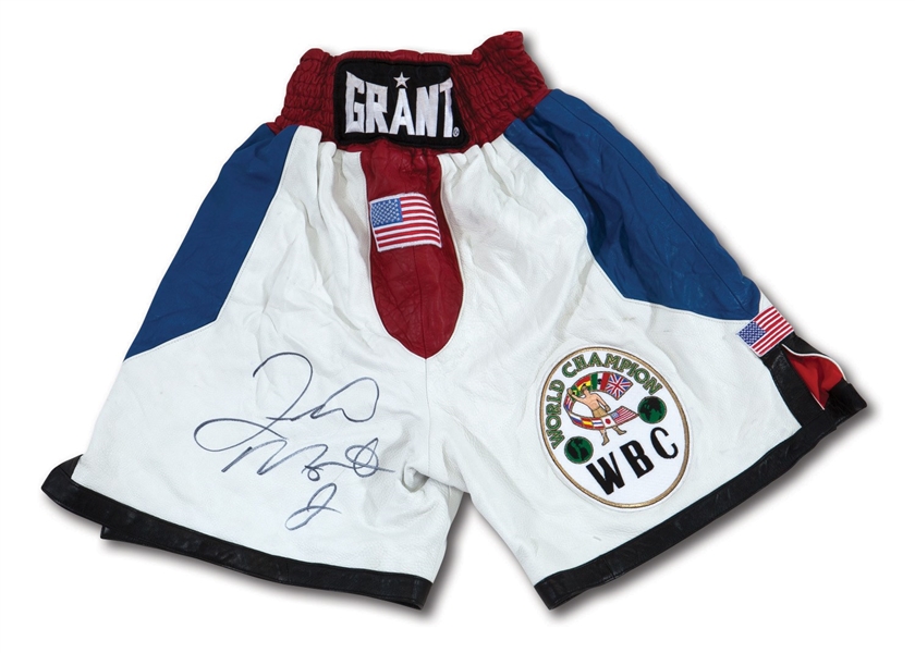 FLOYD MAYWEATHER JR. SIGNED NOV. 10, 2001 FIGHT WORN TRUNKS FROM 9TH ROUND TKO VS. JESUS CHAVEZ - PHOTO MATCHED (HOLLYWOOD AGENT COLLECTION)