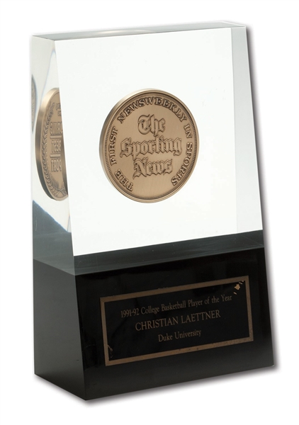 CHRISTIAN LAETTNERS SIGNED 1991-92 COLLEGE BASKETBALL PLAYER OF THE YEAR AWARD PRESENTED BY THE SPORTING NEWS (LAETTNER COLLECTION)