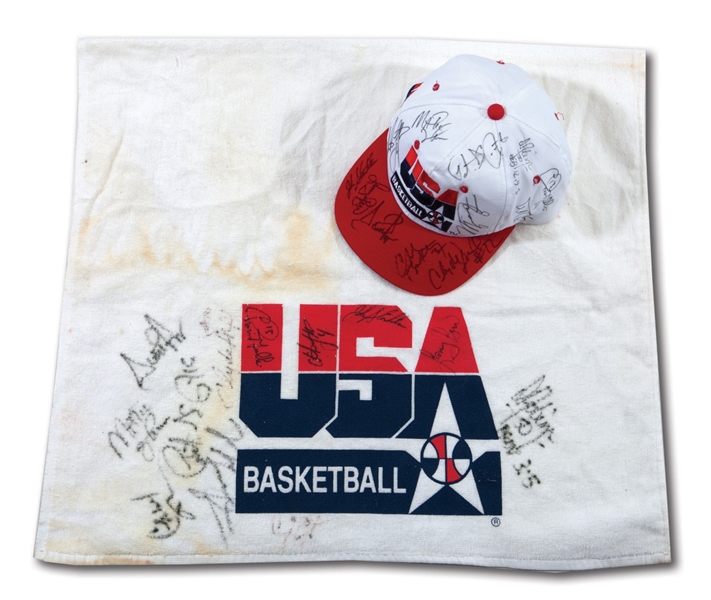 CHRISTIAN LAETTNERS 1992 OLYMPIC DREAM TEAM SIGNED USA BASKETBALL HAT AND TOWEL PAIR - EACH SIGNED BY ALL 12 PLAYERS (LAETTNER COLLECTION)