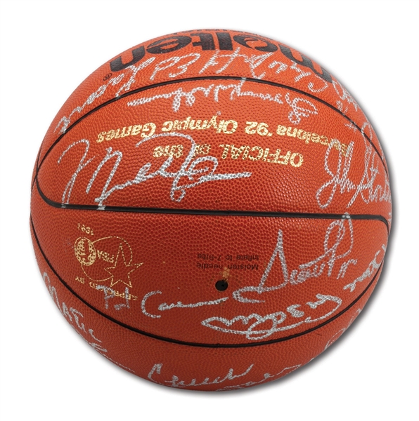 CHRISTIAN LAETTNERS 1992 USA DREAM TEAM SIGNED OFFICIAL MOLTEN BARCELONA OLYMPIC BASKETBALL (18 AUTOS.) WITH ALL PLAYERS & COACHES (LAETTNER COLLECTION)