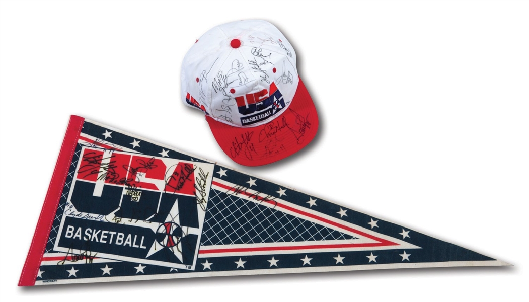 CHRISTIAN LAETTNERS 1992 OLYMPIC DREAM TEAM SIGNED USA BASKETBALL HAT AND PENNANT PAIR - EACH SIGNED BY ALL 12 PLAYERS (LAETTNER COLLECTION)
