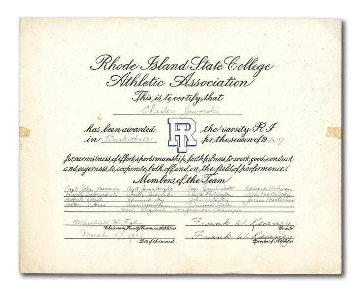 1937 FRANK KEANEY TWICE SIGNED RHODE ISLAND STATE COLLEGE CERTIFICATE - RARE BASKETBALL AUTOGRAPH