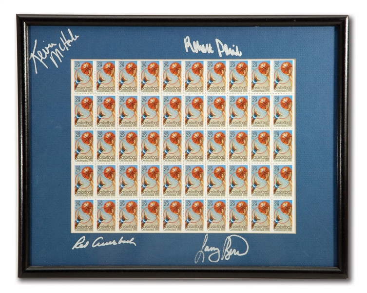 RED AUERBACHS 1991 BASKETBALL CENTENNIAL STAMPS SHEET SIGNED BY AUERBACH, BIRD AND OTHERS (AUERBACH COLLECTION)