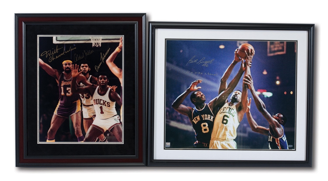 BILL RUSSELL SIGNED & INSCRIBED 20 X 24 PHOTO AND WILT/OSCAR/KAREEM TRIPLE-SIGNED 16 X 20 PHOTO - BOTH FRAMED