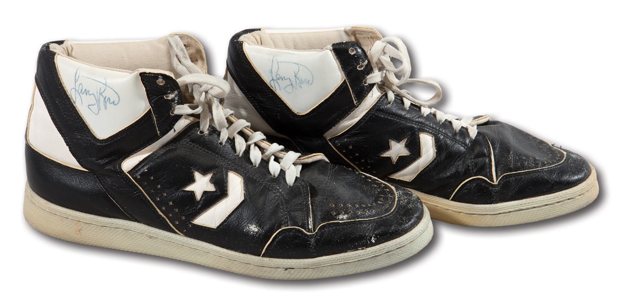 MID-LATE 1980S LARRY BIRD GAME WORN & DUAL-SIGNED CONVERSE WEAPON SHOES