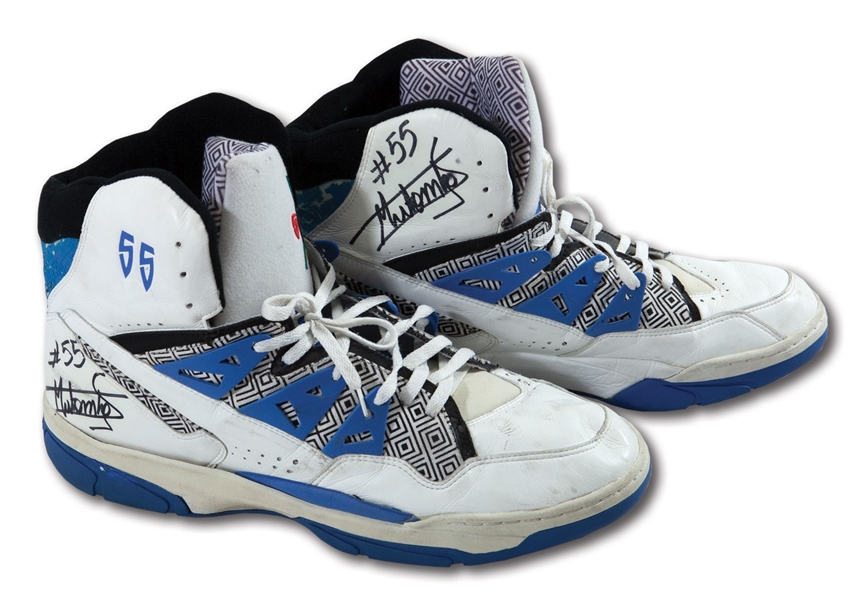1992-93 DIKEMBE MUTOMBO DUAL-SIGNED DENVER NUGGETS GAME WORN ADIDAS SHOES (SIZE 22)