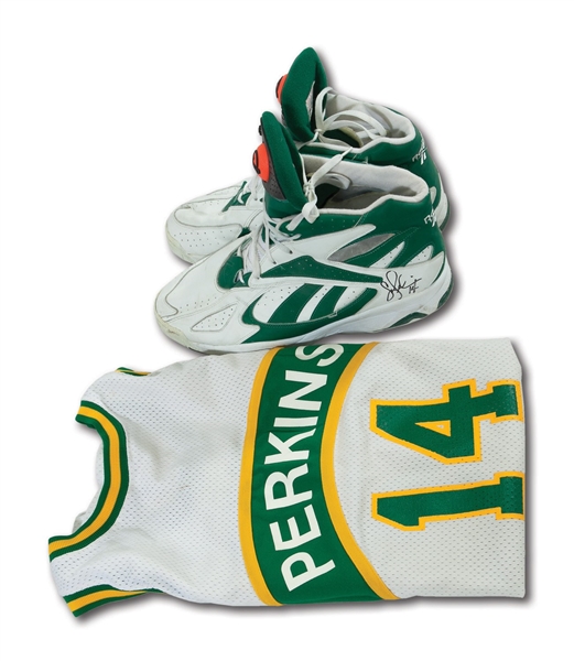 SAM PERKINS SEATTLE SUPERSONICS GAME WORN & SIGNED DUO OF 1992-93 HOME JERSEY AND 1993-94 REEBOK PUMPS (COBY KARL LOA)