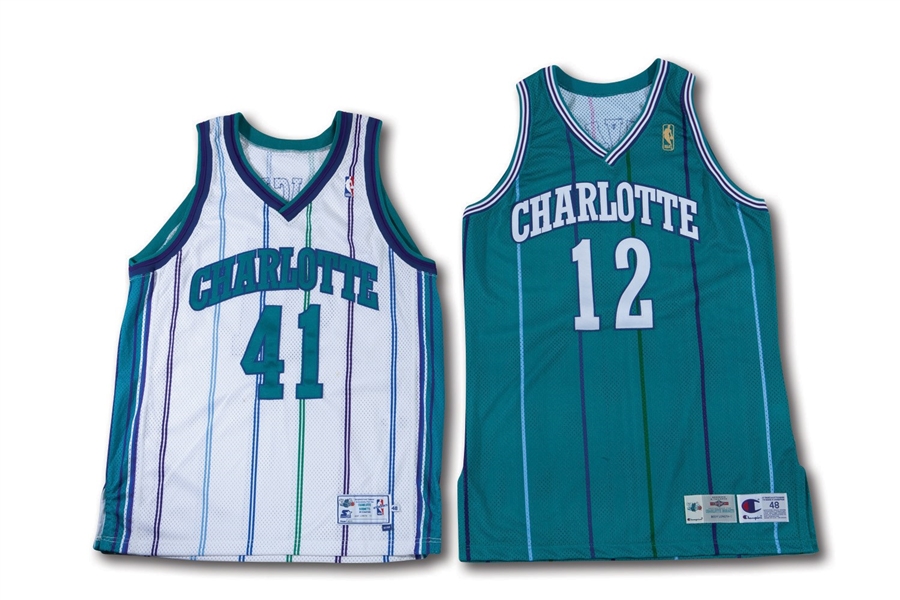 1996-97 VLADE DIVAC (ROAD) AND 1997-98 GLEN RICE (ROAD) PAIR OF CHARLOTTE HORNETS GAME WORN JERSEYS