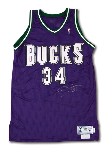 1998-99 RAY ALLEN SIGNED MILWAUKEE BUCKS GAME WORN ROAD JERSEY (COBY KARL LOA)