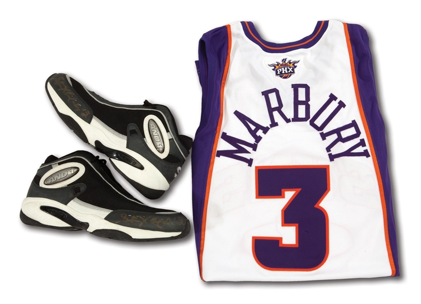 STEPHON MARBURY 2003-04 PHOENIX SUNS GAME WORN HOME JERSEY AND 1997-98 (T-WOLVES ERA) GAME WORN & SIGNED SHOE (COBY KARL LOA)