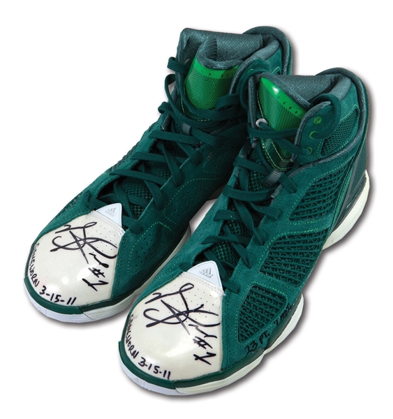 3/15/11 DERRICK ROSE DUAL-SIGNED & INSCRIBED "23 PT. 7 AST" CHICAGO BULLS GAME WORN ADIDAS CUSTOM ST. PATRICK’S DAY SIGNATURE MODEL SHOES