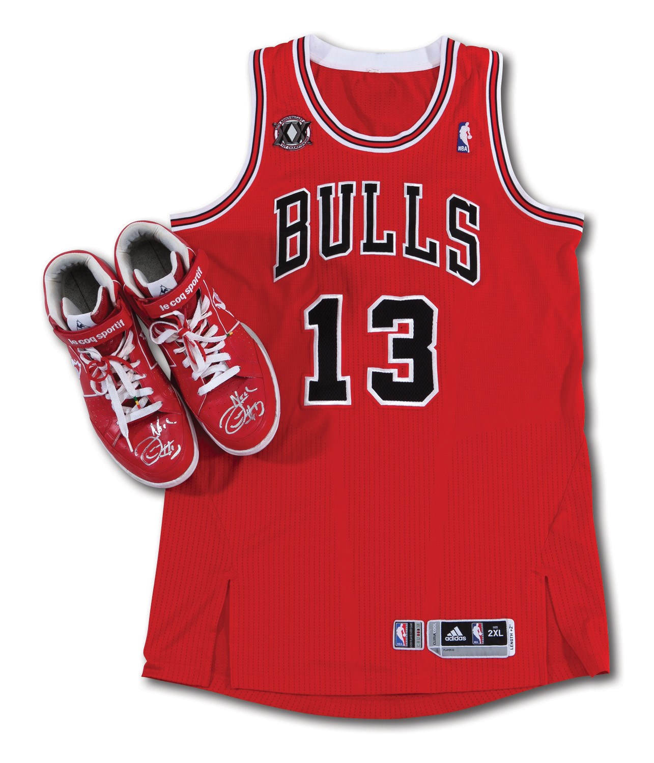 Lot Detail - 2010-11 JOAKIM NOAH CHICAGO BULLS GAME WORN ROAD JERSEY (20TH  ANNIV. 1ST CHAMPIONSHIP PATCH) PLUS PAIR OF GAME WORN & DUAL-SIGNED SHOES