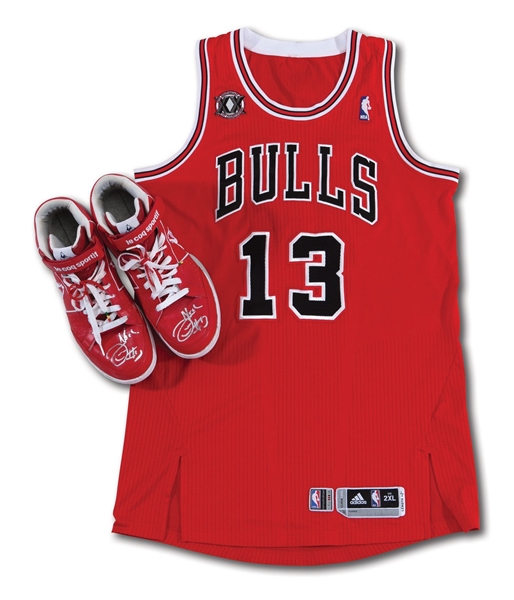 2010-11 JOAKIM NOAH CHICAGO BULLS GAME WORN ROAD JERSEY (20TH ANNIV. 1ST CHAMPIONSHIP PATCH) PLUS PAIR OF GAME WORN & DUAL-SIGNED SHOES