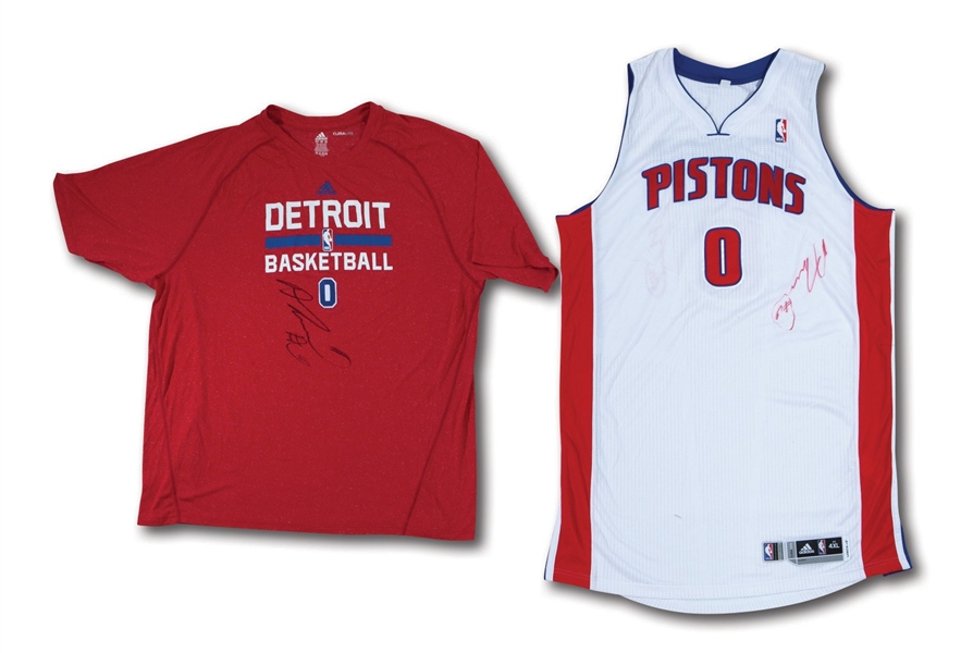 2013-14 ANDRE DRUMMOND DETROIT PISTONS GAME WORN & SIGNED HOME JERSEY AND SUMMER LEAGUE GAME WORN JERSEY PAIR (HENRY BIBBY LOA)