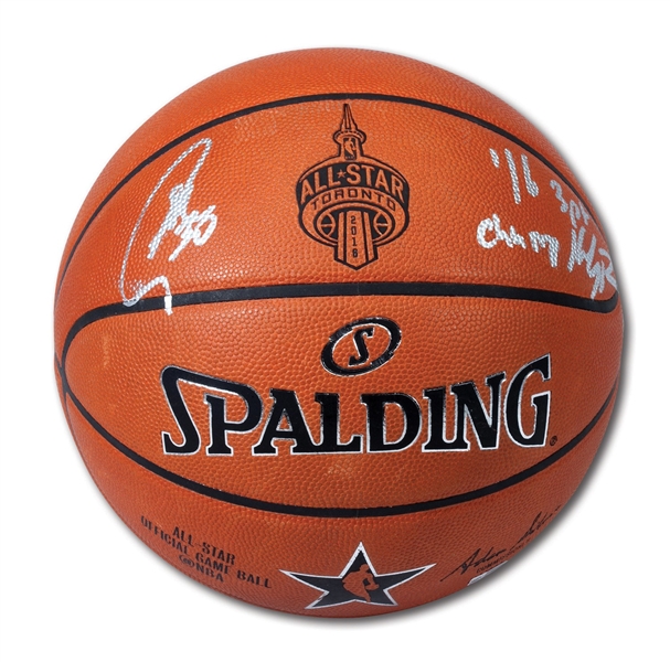 FEB. 14, 2016 NBA ALL-STAR GAME USED BASKETBALL DUAL-SIGNED BY STEPHEN CURRY & KLAY THOMPSON WITH "3PT CHAMP" INSCRIPTION (MEIGRAY LOA, FANATICS)