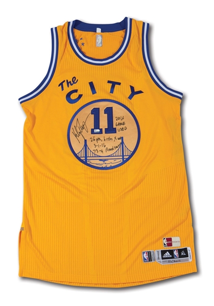 3/1/2016 KLAY THOMPSON SIGNED & INSCRIBED GOLDEN STATE WARRIORS (73-9 SEASON) GAME WORN GOLD THROWBACK JERSEY - 26 PTS. IN WIN VS. ATL (MEIGRAY LOA, FANATICS, PHOTO-MATCHED)