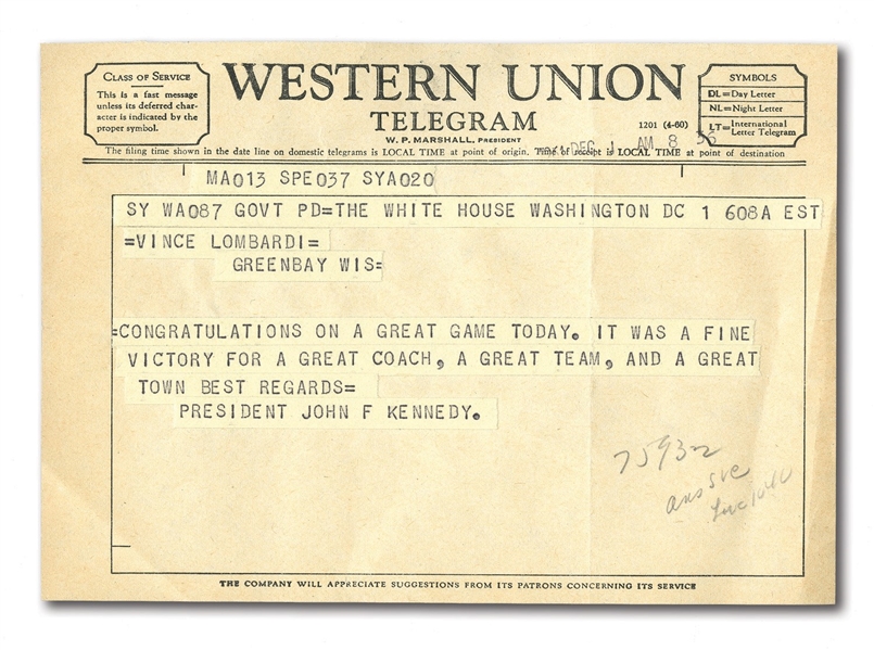 VINCE LOMBARDIS 1961 CONGRATULATORY TELEGRAM FROM PRESIDENT JOHN F. KENNEDY (LOMBARDI COLLECTION)