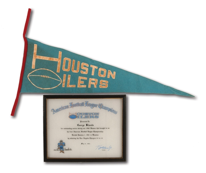 GEORGE BLANDAS 1960 HOUSTON OILERS AFL CHAMPIONSHIP TEAM CERTIFICATE AND 1960S OILERS PENNANT (BLANDA COLLECTION)