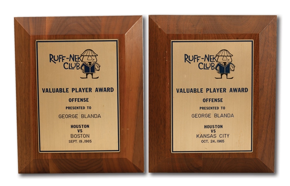GEORGE BLANDAS PAIR OF 9/19/1965 AND 10/24/1965 HOUSTON OILERS PLAYER OF THE WEEK PLAQUES - 602 PASSING YDS. & 8 TDS COMBINED (BLANDA COLLECTION)