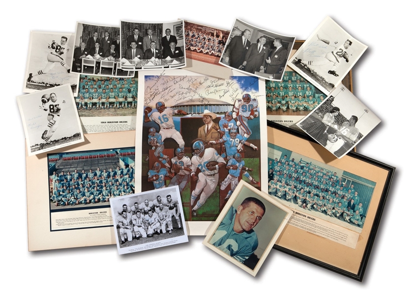 GEORGE BLANDAS 1960-66 HOUSTON OILERS ORIGINAL TEAM PHOTO GROUP AND 1960S PLAYER PHOTOS (3 SIGNED) PLUS OILERS LEGENDS MULTI-SIGNED PRINT (BLANDA COLLECTION)