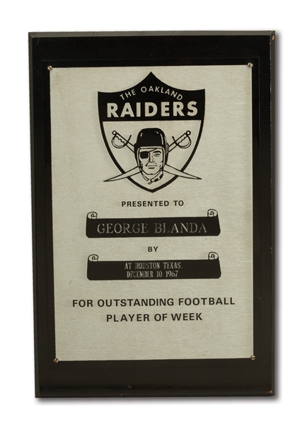 GEORGE BLANDAS 12/10/1967 OAKLAND RAIDERS PLAYER OF THE WEEK PLAQUE - 4 FGS IN 19-7 WIN @ HOU (BLANDA COLLECTION)