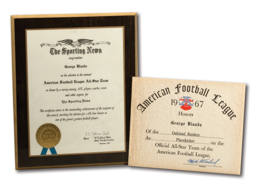 GEORGE BLANDAS 1967 AFL ALL-STAR TEAM CERTIFICATE AND SPORTING NEWS ALL-STAR TEAM PLAQUE PAIR (BLANDA COLLECTION)