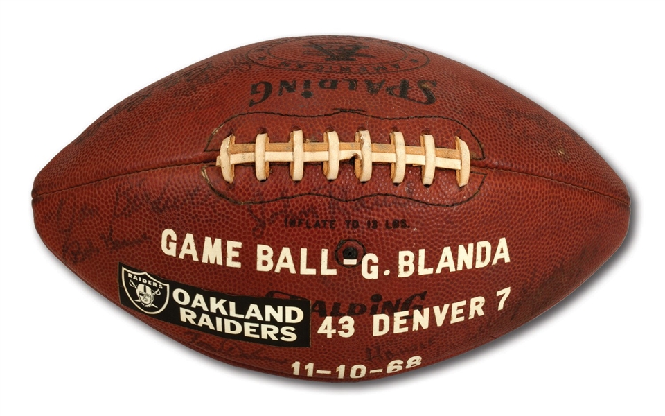GEORGE BLANDAS 11/10/1968 OAKLAND RAIDERS TEAM SIGNED GAME BALL - 295 YDS & 4 TD PASSES PLUS 2 FG & 5 PAT IN 43-7 WIN @ DEN (BLANDA COLLECTION)