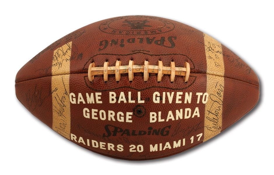 GEORGE BLANDAS 9/20/1969 OAKLAND RAIDERS TEAM-SIGNED GAME BALL - WINNING 46-YARD FG IN 20-17 VICTORY VS. MIA (BLANDA COLLECTION)