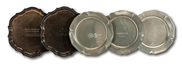 GEORGE BLANDAS PAIR OF 1967 AFL CHAMPIONSHIP & 1968 ALL-STAR GAME SERVING TRAYS PLUS TRIO OF 1968-70 AFL CHAMPIONSHIP PLATES (BLANDA COLLECTION)