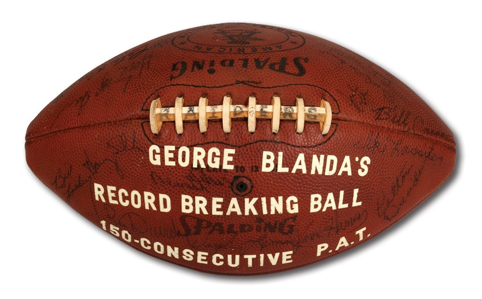 GEORGE BLANDAS 12/7/1969 OAKLAND RAIDERS TEAM SIGNED MILESTONE GAME BALL: RECORD-BREAKING 150TH STRAIGHT KICKED EXTRA POINT (BLANDA COLLECTION)