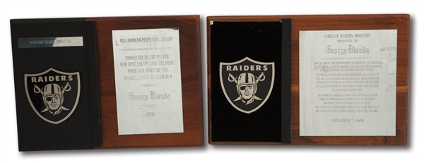 GEORGE BLANDAS PAIR OF 1969 AND 1970 OAKLAND RAIDERS BOOSTER PLAQUES INCL. BILL GORMAN PERPETUAL AWARD (BLANDA COLLECTION)