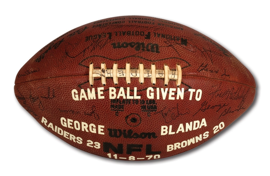 GEORGE BLANDAS 11/8/1970 OAKLAND RAIDERS TEAM SIGNED GAME BALL FROM FAMOUS 4TH QTR. COMEBACK VS. CLE - THREW TYING TD PASS & KICKED GW 53-YD. FG (BLANDA COLLECTION)