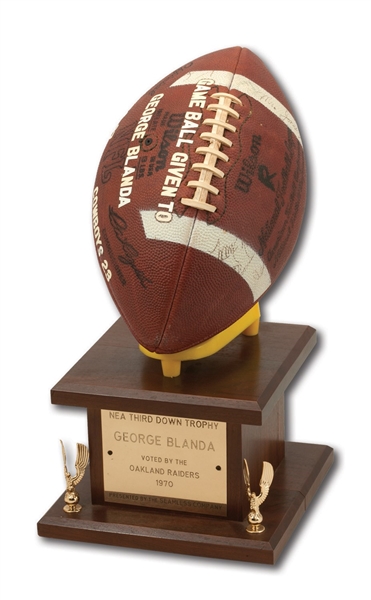 GEORGE BLANDAS 12/14/1974 OAKLAND RAIDERS TEAM-SIGNED GAME BALL (27-23 WIN VS. DAL) AND HIS 1970 NEA THIRD DOWN TROPHY USED AS STAND (BLANDA COLLECTION)