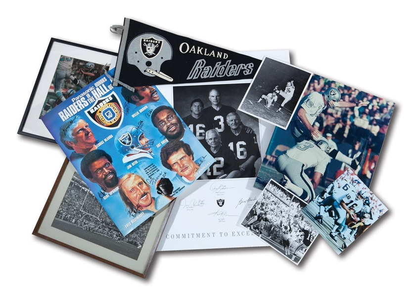 GEORGE BLANDAS OAKLAND RAIDERS GROUP OF (6) GAME PHOTOS, (2) MULTI-SIGNED PRINTS AND 1970S PENNANT (BLANDA COLLECTION)