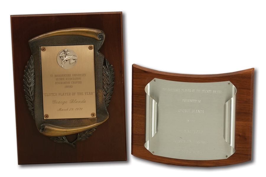 GEORGE BLANDAS PAIR OF 1970 CLUTCH PLAYER OF THE YEAR AND 1976 PLAYER OF THE DECADE AWARD PLAQUES (BLANDA COLLECTION)