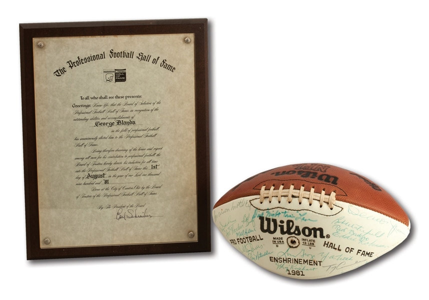 GEORGE BLANDAS PAIR OF 1981 PRO FOOTBALL HALL OF FAME ENSHRINEMENT PLAQUE AND MULTI-SIGNED FOOTBALL WITH 27 HOF AUTOGRAPHS (BLANDA COLLECTION)