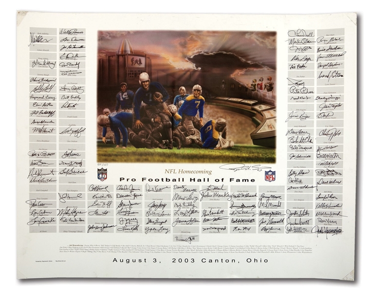 GEORGE BLANDAS 8/3/2003 PRO FOOTBALL HALL OF FAME NFL HOMECOMING LITHOGRAPH (LE 9/120) SIGNED BY 107 HOF MEMBERS (BLANDA COLLECTION)