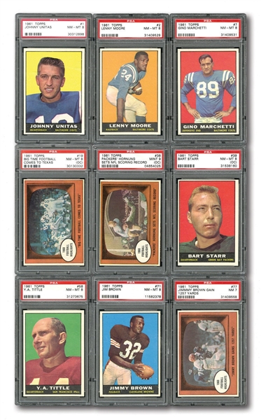 1961 TOPPS FOOTBALL COMPLETE SET OF (198) ALL GRADED - 166 BY PSA & 32 BY GAI (7.5 AVG. OVERALL)
