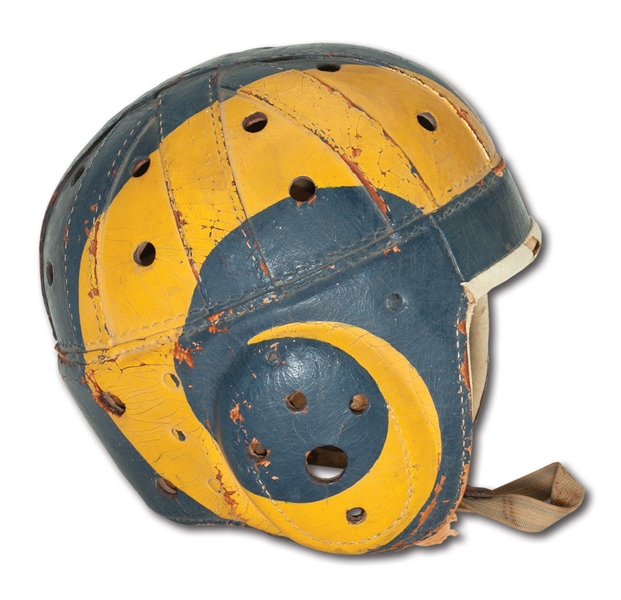 C.1948 LOS ANGELES RAMS PROFESSIONAL MODEL GAME WORN HELMET WITH ORIGINAL BLUE AND YELLOW PAINT - FIRST APPEARANCE OF YELLOW HORNS PAINTED BY FRED GEHRKE