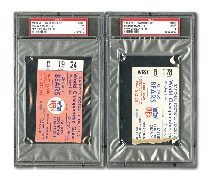 1963 NFL CHAMPIONSHIP GAME (BEARS 14, GIANTS 0) PAIR OF TICKET STUBS - PSA GD 2 & VG 3 (HIGHEST GRADED EXAMPLE)