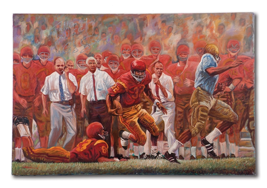 O.J. SIMPSON SIGNED & INSCRIBED "FIGHT ON USC" ORIGINAL OIL ON CANVAS 24" X 36" PAINTING BY GENE LOCKLEAR