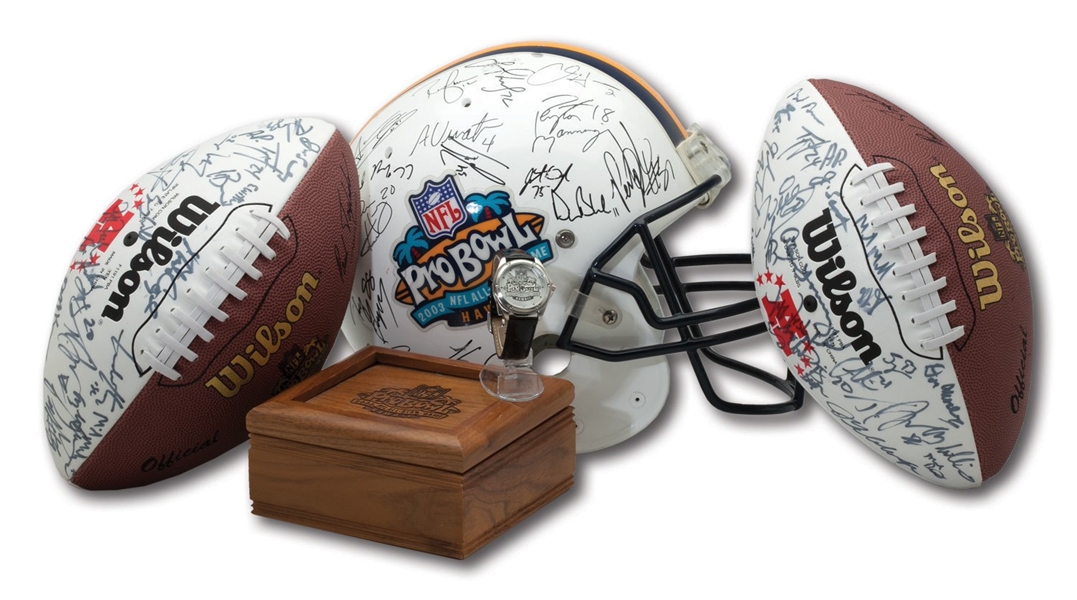 ROD WOODSONS 1993 PRO BOWL GROUP INCL. TEAM SIGNED HELMET, (2) TEAM SIGNED FOOTBALLS AND PLAYER WRISTWATCH (WOODSON LOA)
