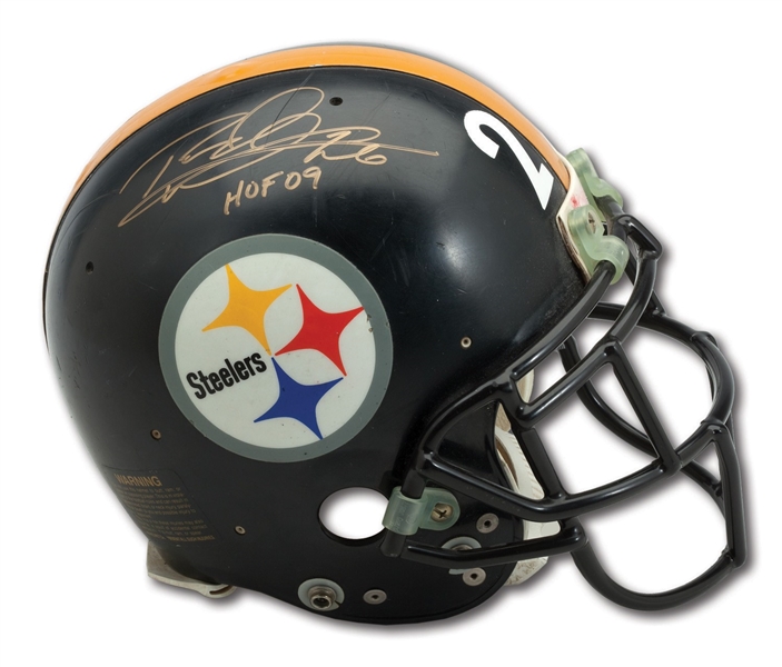 ROD WOODSONS SIGNED & INSCRIBED 1995-96 PITTSBURGH STEELERS (AFC CHAMPIONS ERA) GAME WORN HELMET WITH OUTSTANDING USE (WOODSON LOA)