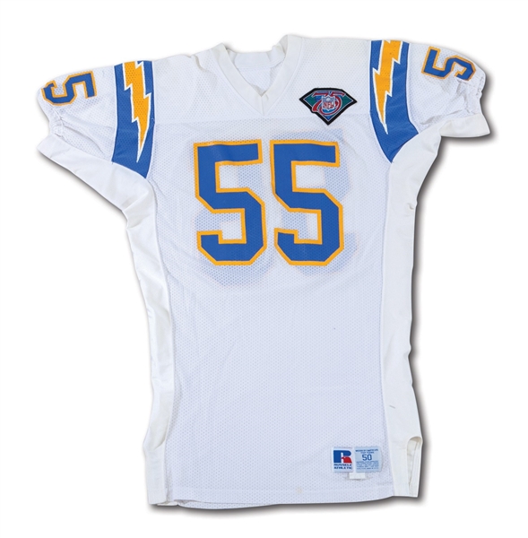 9/25/1994 JUNIOR SEAU SAN DIEGO CHARGERS (AFC CHAMPIONS) GAME WORN ROAD THROWBACK JERSEY - 2 SACKS IN WIN AT OAK (PHOTO-MATCHED)